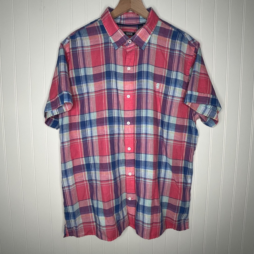IZOD Mens Linen Blend Shirt Size XL Pink Blue Plaid Short Sleeve Button Down